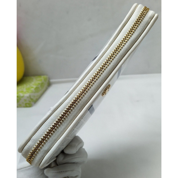 Tory Burch Gemini Ivory Gray Coated Canvas Link Stripe Zip Around Wallet - Picture 5 of 16
